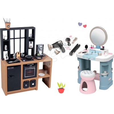 Smoby Set kuchynka moderná Loft Industrial a kozmetický stolík so stoličkou a elektronický sušič na vlasy