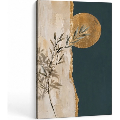 Obraz olivovej vetvy so zlatým diskom na plátne – s ručne maľovanými detailmi - 60x90 cm