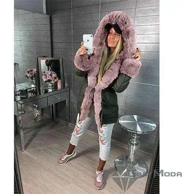 Зелено дамско зимно яке парка с пух в цвят кафе