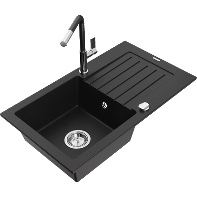 Mexen Pablo гранитна мивка с една купа с изцеждач и кухненски смесител Flora, черен - 6510-77-670401-07 (6510-77-670401-07)
