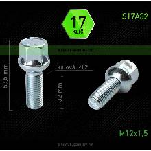 Šroub na kola M12x1,5x32 koule R12, klíč 17