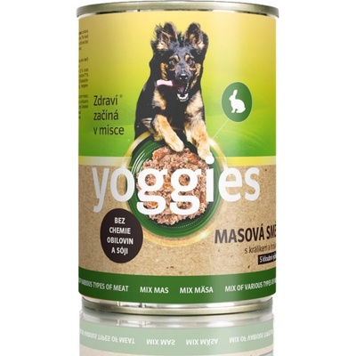 Yoggies konzerva pro psy s masovou směsí kuře vepřové hovězí králíkem a hráškem 1200 g