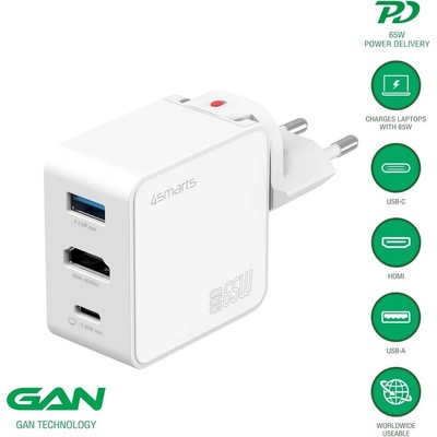 Захранване за ел. мрежа за лаптопи, смартфони и таблети с USB-C и USB-A изходи, HDMI порт и USB-C към USB-C кабел - 4smarts 3-in-1 GaN Flex Travel Wall Charger 65W (бял) (541711)