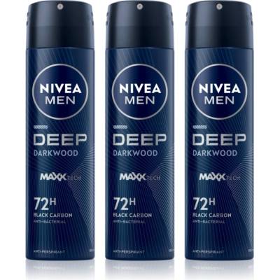 Nivea MEN Deep Black Carbon Darkwood антиперспирант-спрей изгодна опаковка за мъже 3 x 150 ml