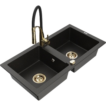 Mexen Mario гранитна кухненска мивка 2-компонентна с кухненски смесител Aster, черно/златно металик - 6504-75-73450-57-G (6504-75-73450-57-G)