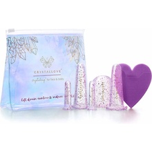 Crystallove Crystalcup masážna pomôcka na očné okolie 2 ks + masážna pomôcka na tvár, krk a dekolt 2 ks + masážna pomôcka na telo + čistiaca kefka na pleť + transparentná kozmetická taštička