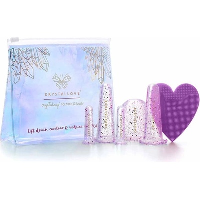Crystallove Crystalcup masážna pomôcka na očné okolie 2 ks + masážna pomôcka na tvár, krk a dekolt 2 ks + masážna pomôcka na telo + čistiaca kefka na pleť + transparentná kozmetická taštička