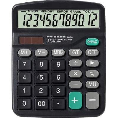 CTIFREE M-28 черен калкулатор, 120x150mm, 12 цифри, двойно захранване, 2 години гаранция (M-28)