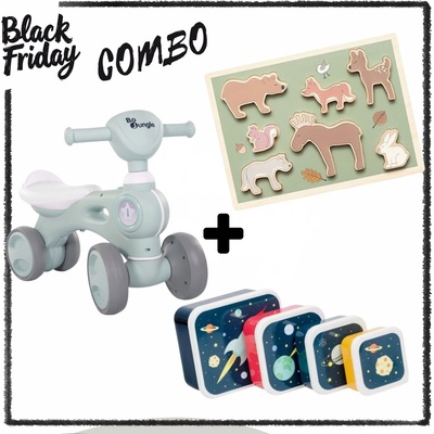 BF Combo: Bo Jungle: Музикално колело "Синьо" + Jabadabado: Дървен пъзел - Горски животни + A little lovely company: Сет от 4 кутии за храна (дизайн по избор) (BJ-B920050+JB-T278+SBSESP21)