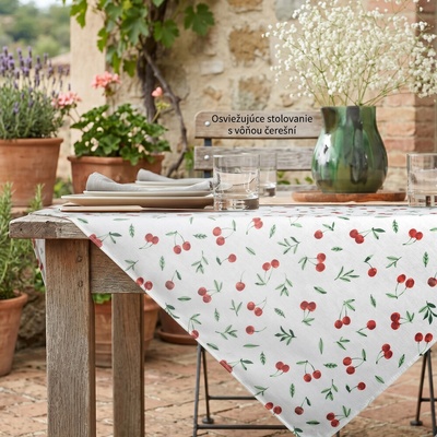 Eurofirany Vodoodpudivý obrus Cherry s čerešničkami biela Bavlna PES 85x85 cm