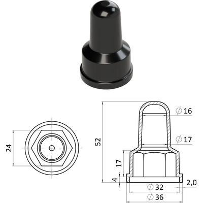 Krytka plastová na matice a šrouby M16, prodloužená, černá