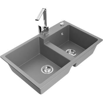 Mexen Tomas гранитна кухненска мивка с 2 корита и кухненски смесител Rita, сива - 6516-71-670300-00 (6516-71-670300-00)
