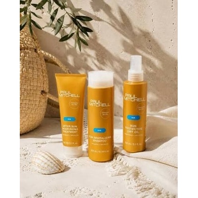 Paul Mitchell Sun Trio Kit revitalizační šampon sun 300 ml + výživná péče po opalování sun 150 ml + suchý ochranný olej proti slunci 150 ml dárková sada