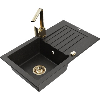 Mexen Pablo гранитна мивка с 1 камера с отцедник и кухненски смесител Rita, черен/златист металик- 6510-75-670300-50 (6510-75-670300-50)