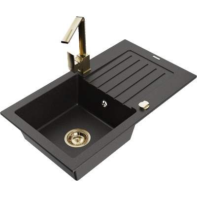 Mexen Pablo гранитна мивка с 1 камера с отцедник и кухненски смесител Rita, черен/златист металик- 6510-75-670300-50 (6510-75-670300-50)