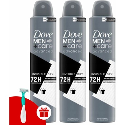Dove Men+Care Invisible Dry deospray 3 x 200 ml + holiaci strojček Dove