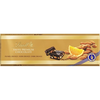 Lindt Swiss Premium hořká čokoláda s mandlemi a pomeranči 300 g – Sleviste.cz