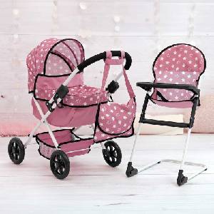 Bayer Design Количка за кукли с чанта cosy и столче за хранене розови