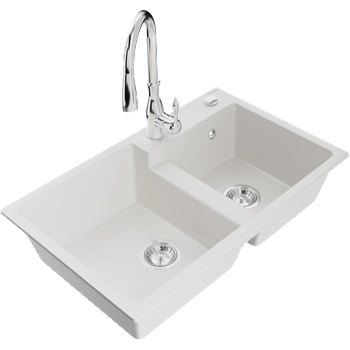 Mexen Tomas гранитна мивка с 2 камери с кухненски смесител Savita, бял - 6516-20-672601-00 (6516-20-672601-00)