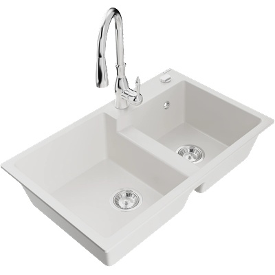 Mexen Tomas гранитна мивка с 2 камери с кухненски смесител Savita, бял - 6516-20-672601-00 (6516-20-672601-00)