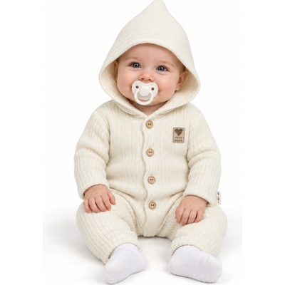 Baby Nellys Pletený overálek s kapucí a knoflíčky Hand Made ecru