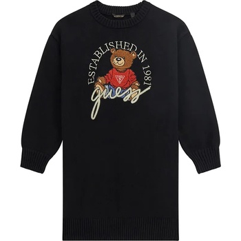 Guess Трикотажна рокля за момиче в черен цвят с голямо мече отпред и надпис Guess