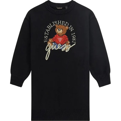 Guess Трикотажна рокля за момиче в черен цвят с голямо мече отпред и надпис Guess