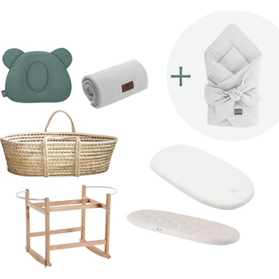 Ahojbaby Mušelínová súprava s košíkom a matracom Ocean green&Grey
