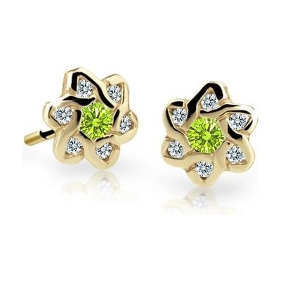 Danfil dětské náušnice kytičky C2149 ze žlutého zlata s kamínky Peridot Green zapínání puzeta