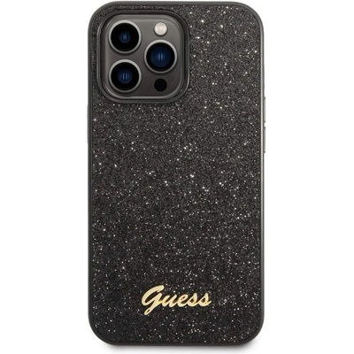GUESS Glitter Flakes Metal Logo Case - хибриден удароустойчив кейс за iPhone 14 Pro (черен)