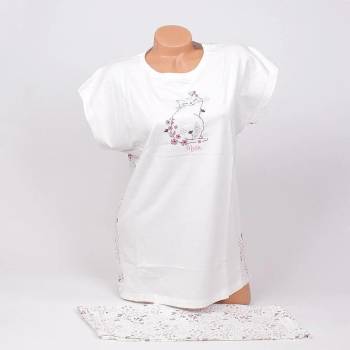 Image 1 of Бяла дамска пижама с къс ръкав, коте и цветя