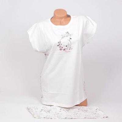 Бяла дамска пижама с къс ръкав, коте и цветя