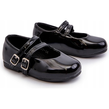 Detské lakované balerínky s eko koženými prúžkami čierne