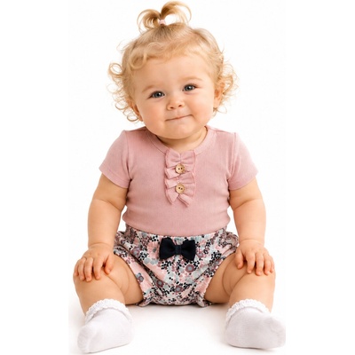 Baby Nellys Kojenecké žebrované body s knoflíčky kr. rukáv Girl pudrové