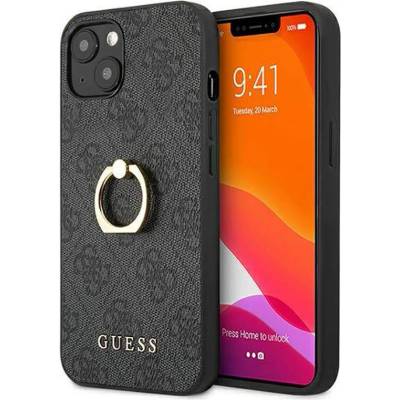 GUESS Hard Case 4G With Ring Stand - дизайнерски кожен кейс с пръстен против изпускане за iPhone 13 (черен)