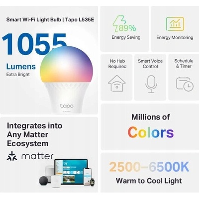 TP-Link Chytrá žárovka Tapo L535E E27, 8,7W, 230V, přes IP, stmívatelná, 2700K až 6500K