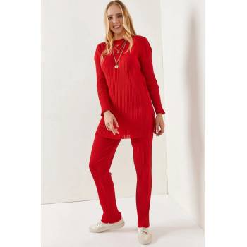 Olalook Women's Red Top Slit Blouse Bottom Palazzo Ribbed Suit červený