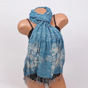 Image 1 of Топъл син шал с цветя и ресни