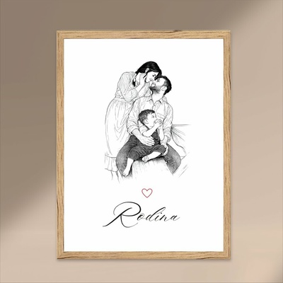 Plakát s KRESLENOU FOTOGRAFIÍ RODINY Rozměr plakátu: A3 (29,7 x 42 cm), Rámeček: Dřevěný rámeček