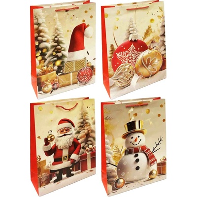 Dárkoá taška „Santa, sněhulák, čepice“, bílé s červenou 26x32cm