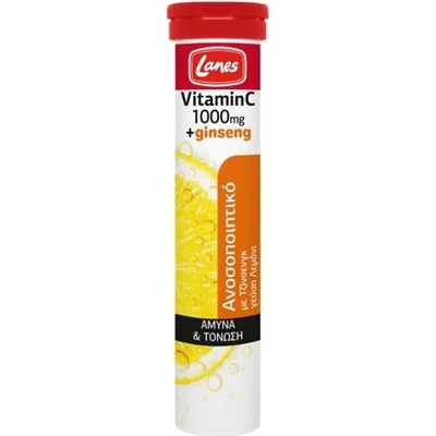 LANES Хранителна добавка витамин C + Жен Шен ефервецентни таблетки , Lanes Vitamin C 1000mg Plus Ginseng with Lemon flavor 20 eff tabs