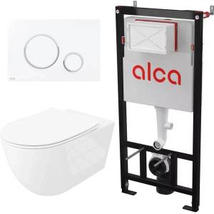 Rune Комплект казанче за WC с вграждаща рамка Alca AM101/1120 и бутон Thin M776, бяло-хром, плюс бяла тоалетна чиния Rune Ivaldi Grande с капак softclose (AM101/1120+M776+5940541334477)