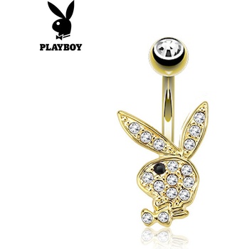 Šperky eshop piercing do pupku z ocele zlatá farba zajačik Playboy okrúhle zirkóny čierne očko W15.25