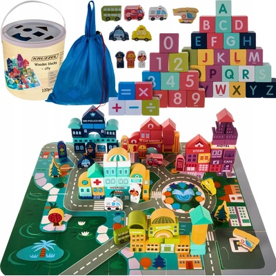 Kruzzel 19159 Dřevěné kostky s podložkou město 100 ks