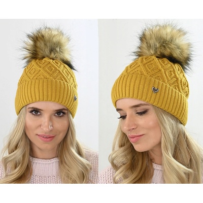 Fashionweek dámská zimní čepice s bambulí Jenot podšitý hřejivým fleecem ZIZI-V23 Hořčičný