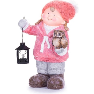 MagicHome Postavička Vianoce Dievčatko s lampášom a sovičkou keramika 28x18,5x39,5 cm