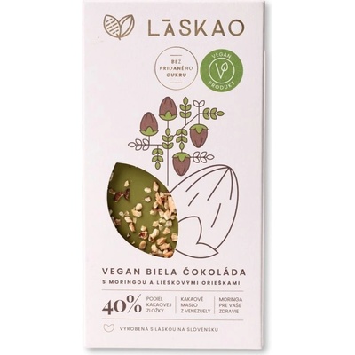 LASKAO VEGAN Biela čokoláda s moringou a lieskovými orieškami bez cukru sladená xylitolom 75 g