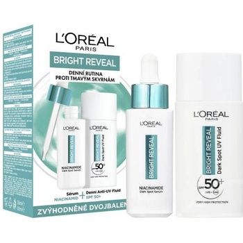 L'Oréal Bright Reveal Dark Spot UV Fluid SPF50+ подаръчен комплект: дневен флуид за лице Bright Reveal Dark Spot UV Fluid SPF50 50 ml + серум за лице Bright Reveal Niacinamide Dark Spot Serum 30 ml унисекс