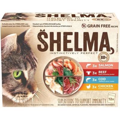 Shelma Cat kuraciecí hovädzie losos a treska 12 x 85 g