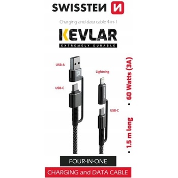 Swissten 74501101 Kevlar 4 in 1 3A, 1,5m, černý